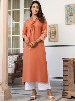 Janasya - Womens Light Orange Rayon Solid Straight Kurta