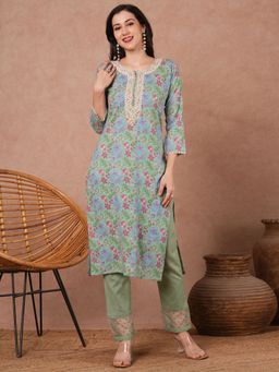 FASHOR - Green Floral Printed Embroidered Straight Fit Kurta