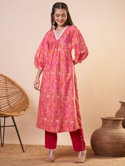 FASHOR - Pink Ethnic Floral Printed A-Line Kurta