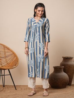 FASHOR - Blue Floral Stripes Printed Pleated Kurta