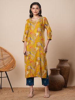 FASHOR - Mustard Floral Printed Embroidered Straight Fit Kurta