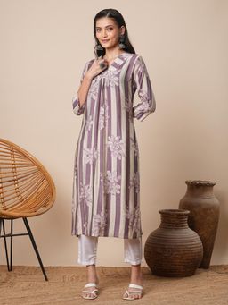 FASHOR - Purple Floral Stripes Printed Pleated Kurta