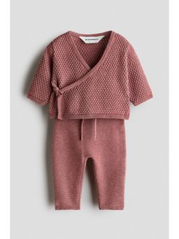 H&M - Unisex Pink 2-Piece Cotton Texture-Knit Top and Trouser