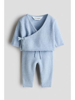 H&M - Unisex Blue 2-Piece Cotton Texture-Knit Top and Trouser