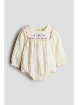 H&M - Girls Beige Embroidery-Detail Cotton Romper Suit