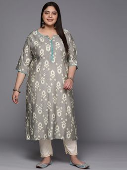 Extra love by Libas - Plus Size Women Grey Printed Silk Straight Kurtas for Women
