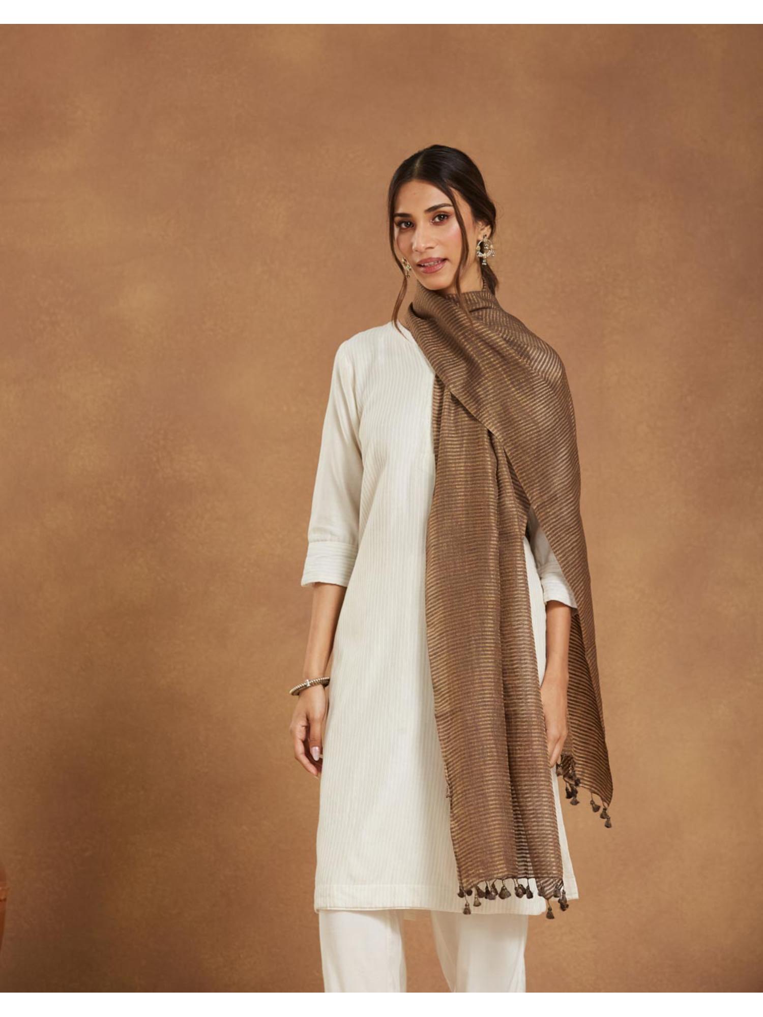 fabindia Brown Silk Blend Hand Woven Stole-picture-29
