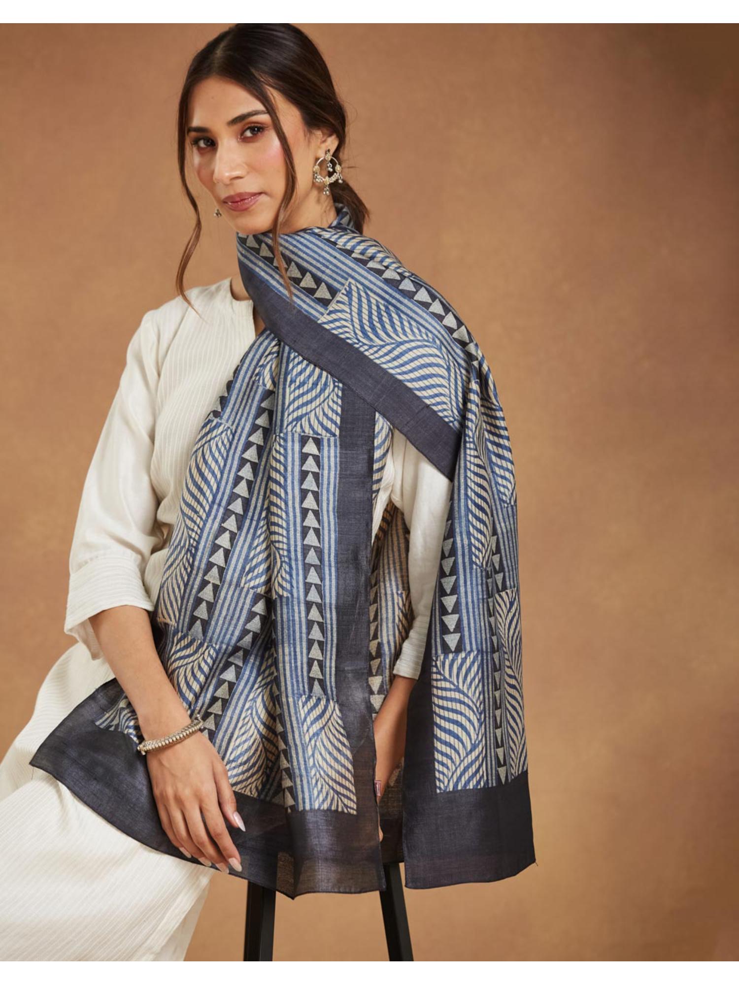 fabindia Blue Silk Hand Block Printed Stole-picture-32