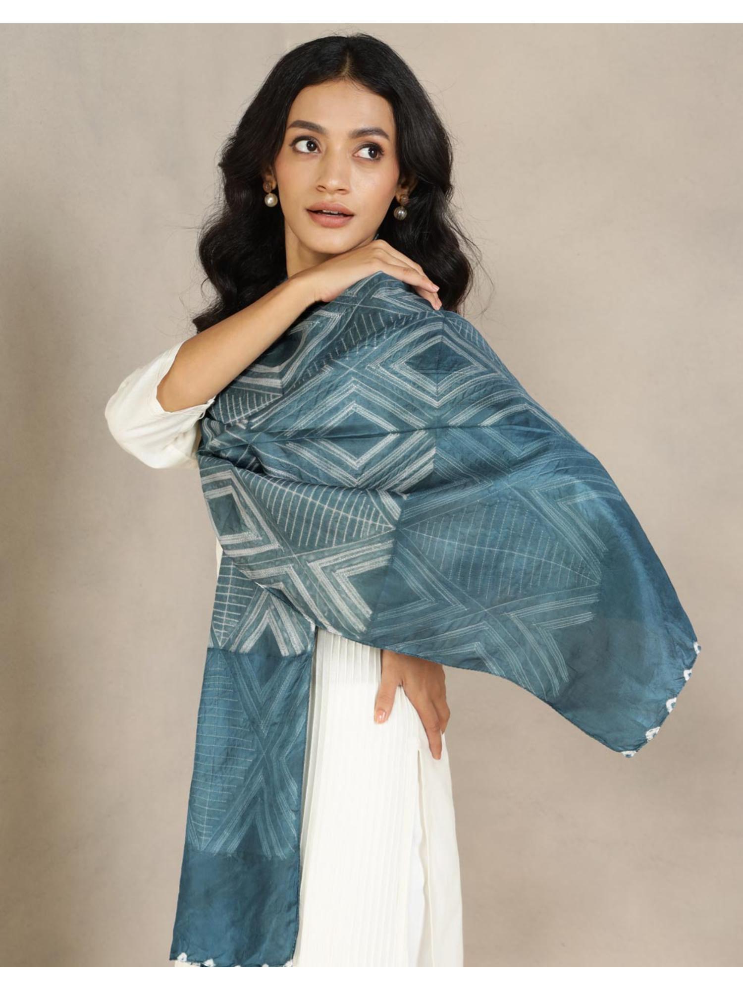fabindia Teal Silk Printed Stole-picture-14