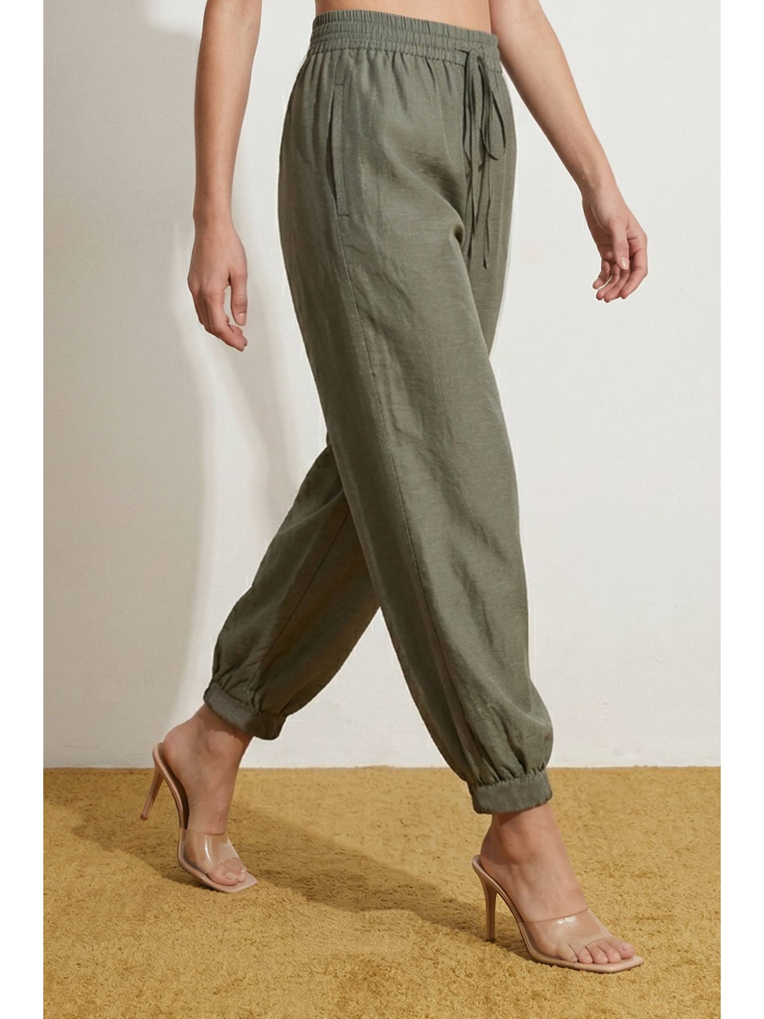 elleven Women Olive Rayon Plain Pant-picture-11