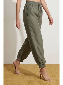 Elleven - Women Olive Rayon Plain Pant