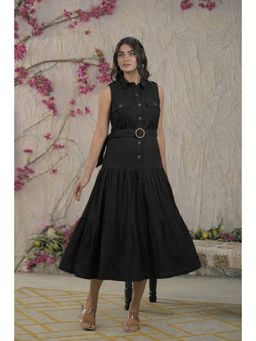 Autumnlane - Women Black Cotton Plain Dress with Belt