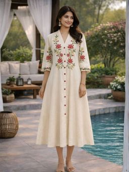 Autumnlane - Women White Cotton Embroidered Dress