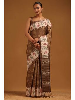 Soch - Women Brown Tussar Tassels Saree with Unstitched Blouse Piece