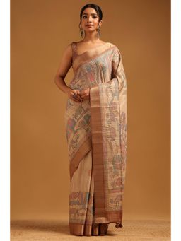 Soch - Women Beige Tussar Tassels Saree with Unstitched Blouse Piece