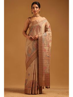 Soch - Women Beige Tussar Tassels Saree with Unstitched Blouse Piece