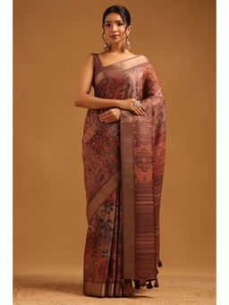 Soch - Women Brown Tussar Tassels Saree with Unstitched Blouse Piece