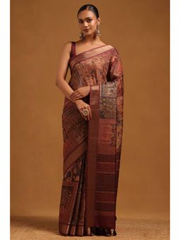 Soch - Women Brown Tussar Printed Saree with Unstitched Blouse Piece