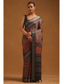Soch - Women Blue Tussar Printed Saree with Unstitched Blouse Piece