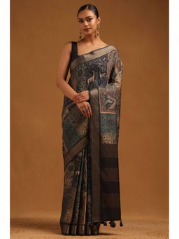 Soch - Women Blue Tussar Tassels Saree with Unstitched Blouse Piece
