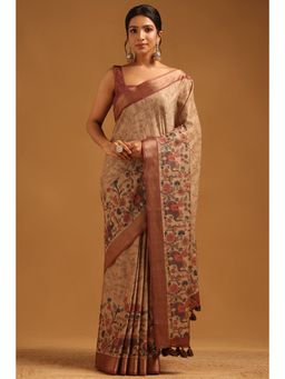 Soch - Women Beige Tussar Tassels Saree with Unstitched Blouse Piece