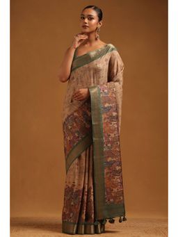Soch - Women Beige Tussar Printed Saree with Unstitched Blouse Piece