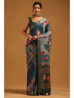 Soch - Women Blue Tussar Tassels Saree with Unstitched Blouse Piece