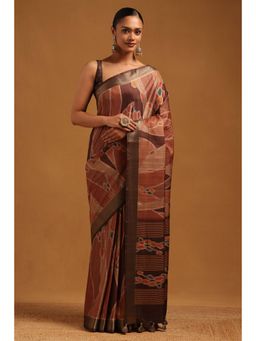Soch - Women Brown Tussar Printed Saree with Unstitched Blouse Piece