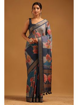 Soch - Women Blue Tussar Tassels Saree with Unstitched Blouse Piece