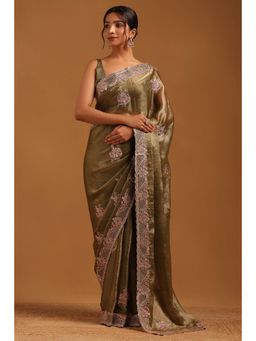 Soch - Women Olive Organza Beads and Stones Saree with Unstitched Blouse Piece