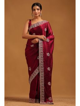 Soch - Women Wine Organza Beads and Stones Saree with Unstitched Blouse Piece