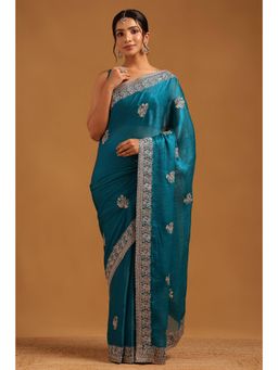 Soch - Women Blue Organza Beads and Stones Saree with Unstitched Blouse Piece