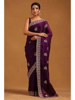 Soch - Women Purple Organza Beads and Stones Saree with Unstitched Blouse Piece