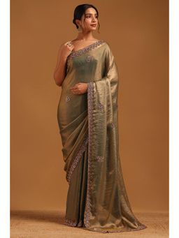 Soch - Women Olive Organza Beads and Stones Saree with Unstitched Blouse Piece
