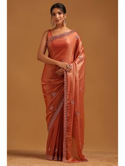 Soch - Women Rust Organza Beads and Stones Saree with Unstitched Blouse Piece