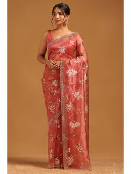 Soch - Women Pink Organza Beads and Stones Saree with Unstitched Blouse Piece