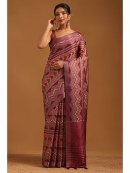 Soch - Women Magenta Tussar Tassels Saree with Unstitched Blouse Piece