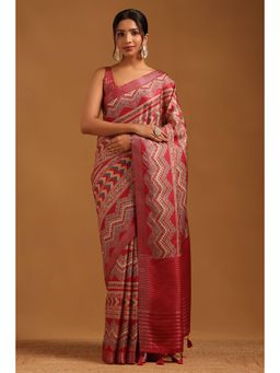 Soch - Women Pink Tussar Tassels Saree with Unstitched Blouse Piece