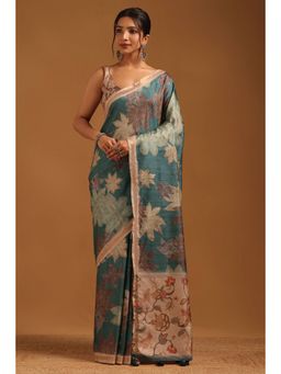 Soch - Women Teal Tussar Tassels Saree with Unstitched Blouse Piece