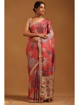 Soch - Women Pink Tussar Tassels Saree with Unstitched Blouse Piece