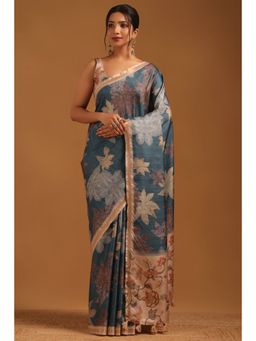 Soch - Women Blue Tussar Tassels Saree with Unstitched Blouse Piece