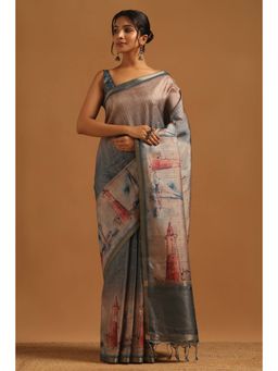 Soch - Women Grey Tussar Tassels Saree with Unstitched Blouse Piece