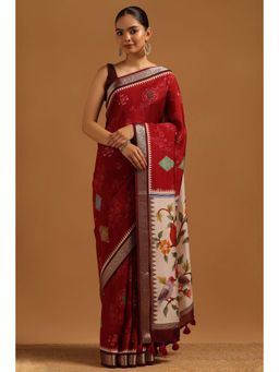 Soch - Women Maroon Viscose Blend Printed Saree with Unstitched Blouse Piece