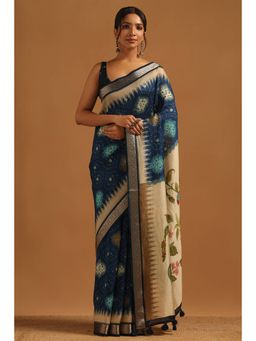 Soch - Women Blue Viscose Blend Printed Saree with Unstitched Blouse Piece
