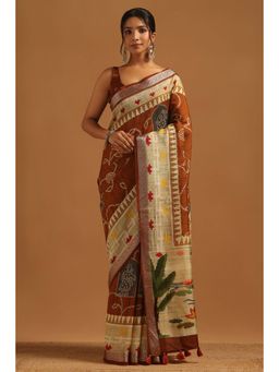 Soch - Women Rust Viscose Blend Printed Saree with Unstitched Blouse Piece