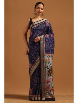 Soch - Women Navy Blue Viscose Blend Printed Saree with Unstitched Blouse Piece