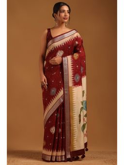 Soch - Women Maroon Viscose Blend Tassels Saree with Unstitched Blouse Piece