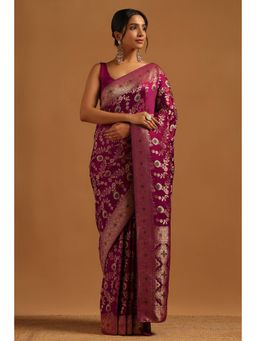 Soch - Women Wine Satin Zari Saree with Unstitched Blouse Piece