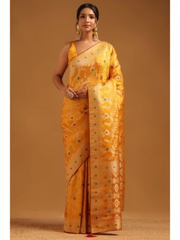 Soch - Women Mustard Satin Tassels Saree with Unstitched Blouse Piece
