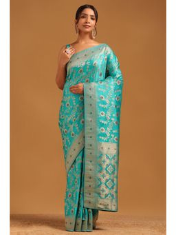 Soch - Women Blue Satin Zari Saree with Unstitched Blouse Piece